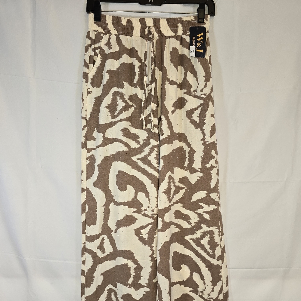 NWOT Brown & White Leopard Print With Rhinestones Wide Leg Pant Size6 S/M Boho